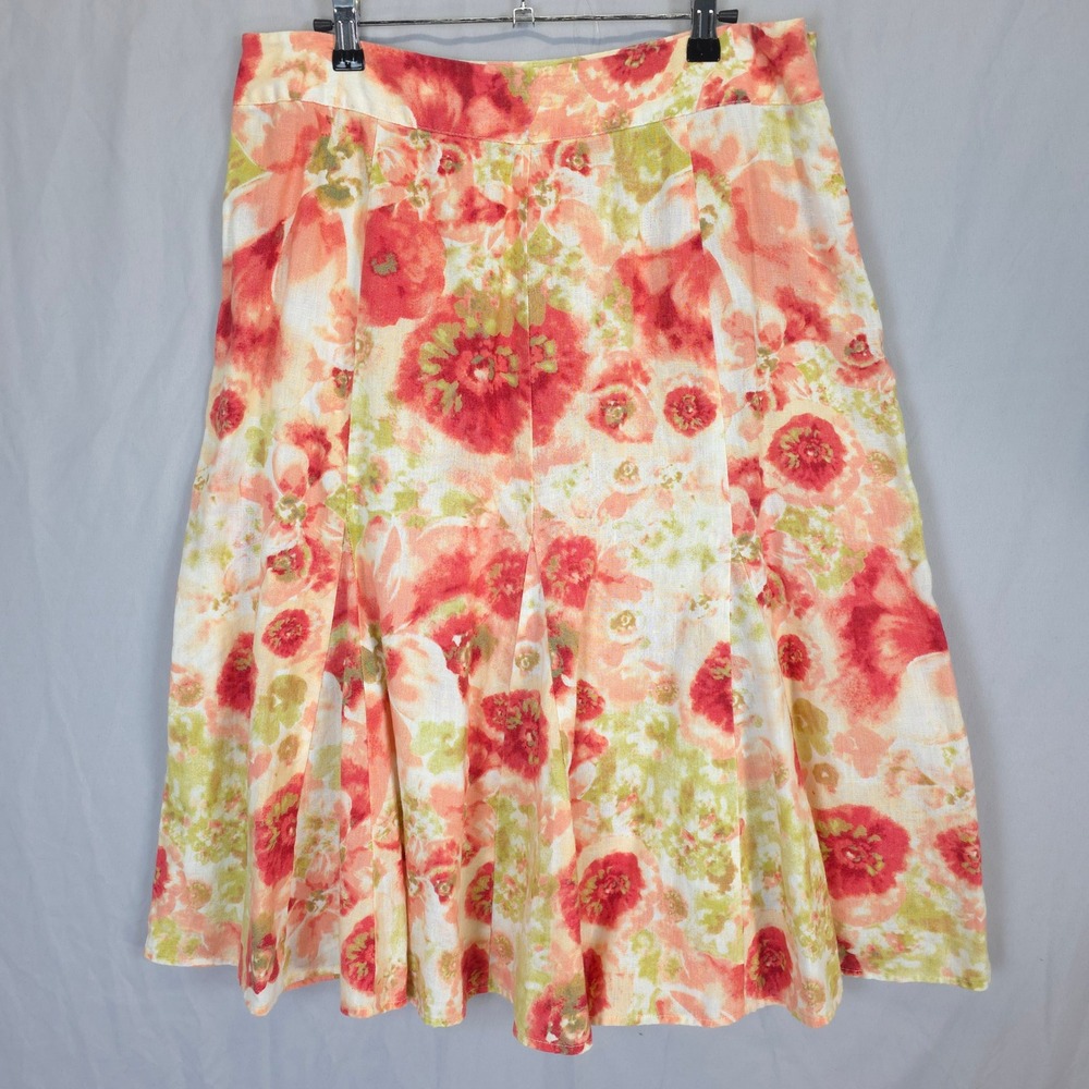 Watercolor Floral Linen Skirt Peach Coral Boho Flowy Midi Women 12 JM Collection